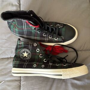 Converse High-Top Sneakers - Black, Green, and Red Plaid